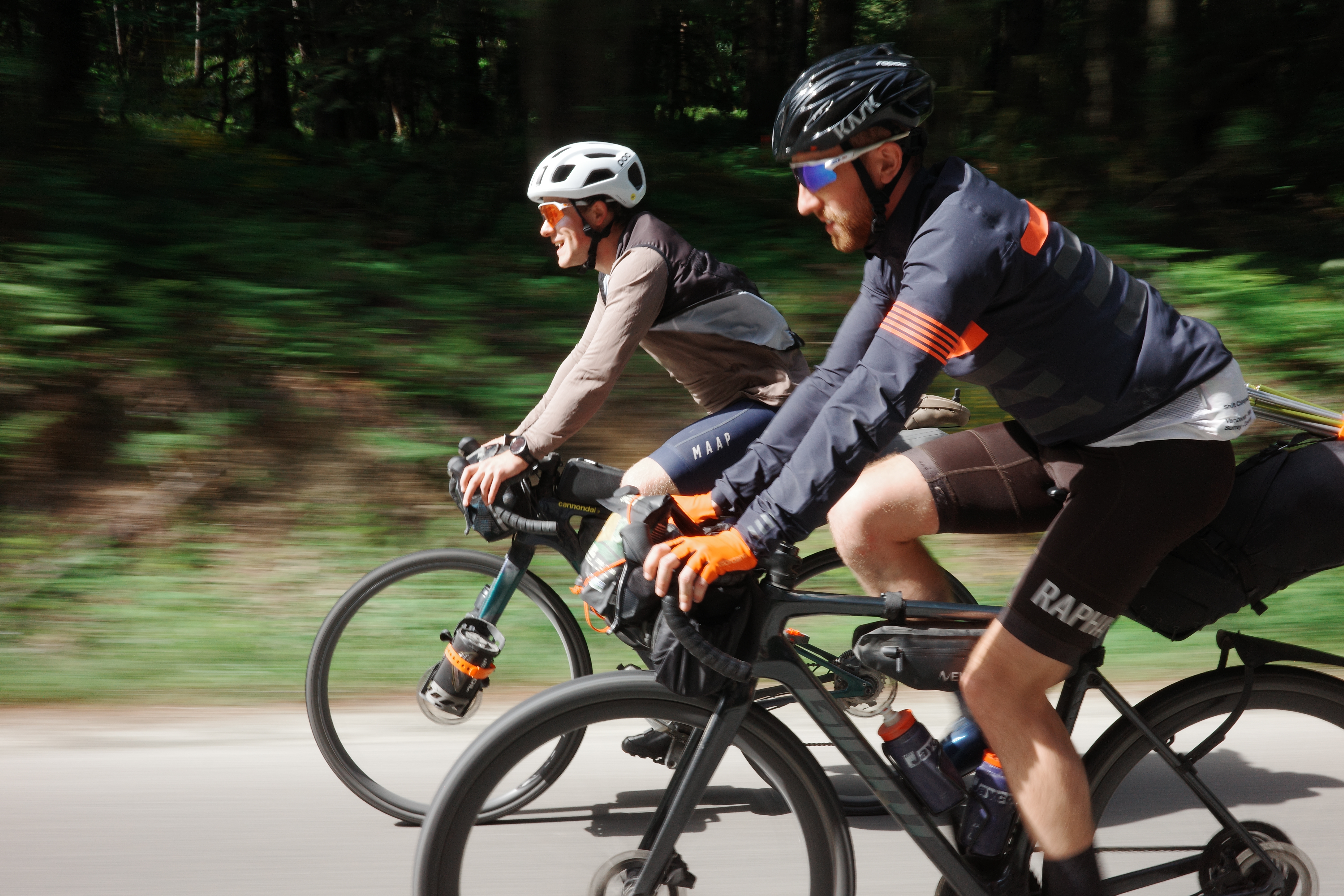 Two cyclists riding through forest on road bikes